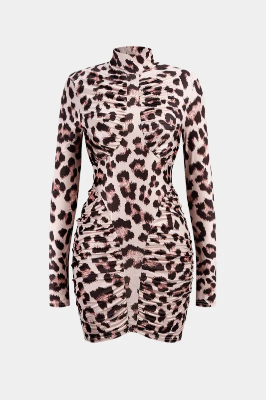 Mocke Neck Leopard Print Backless Ruched Long Sleeve Mini Dress sold by Micas