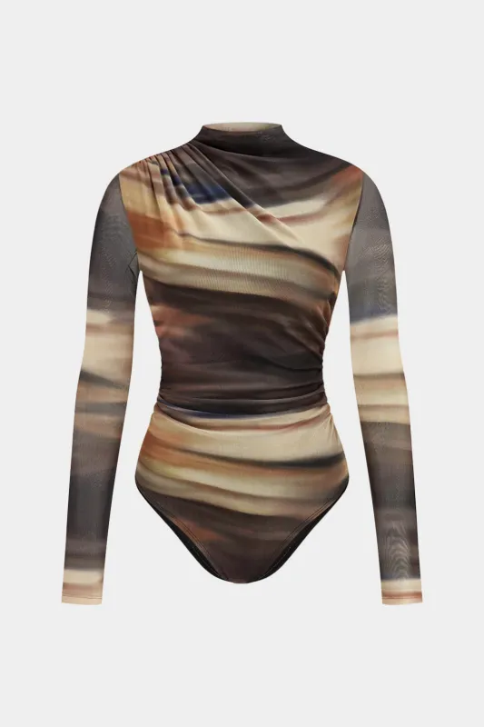 Tie Dye Ombre Print Mesh Ruched Long Sleeve Bodysuit sold by Micas