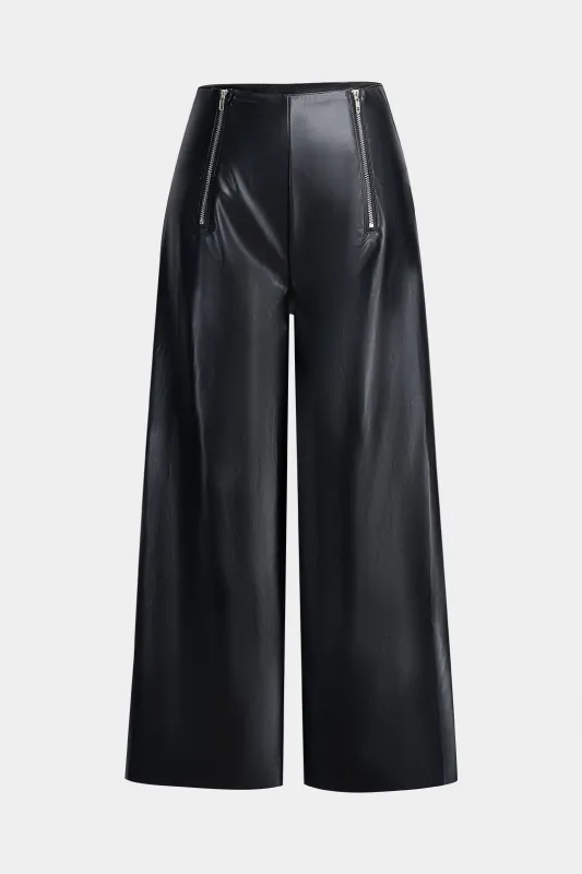 Faux Leather Patchwork Wide Straight Leg Pants sold by Micas