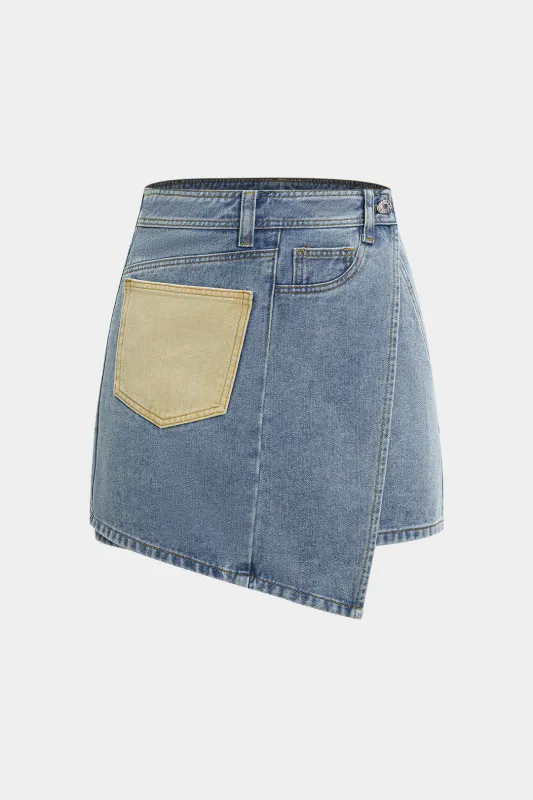 Denim Asymmetrical Pocket Mini Skirt sold by Micas