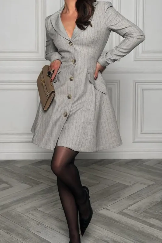 Stripes Print Buttons Pockets Long Sleeve Mini Dress sold by Micas