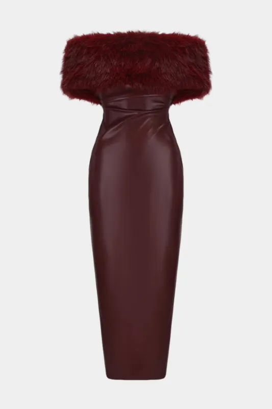 Faux Leather Patchwork Fur Off Shoulder Sleeveless Maxi Dress sold by Micas