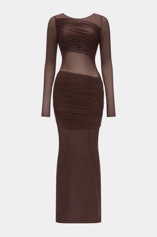 Ruched Mesh Asymmetrical Long Sleeve Maxi Dress sold by Micas