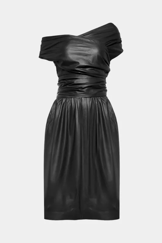 Faux Leather Ruched One Shoulder Asymmetrical Mini Dress sold by Micas