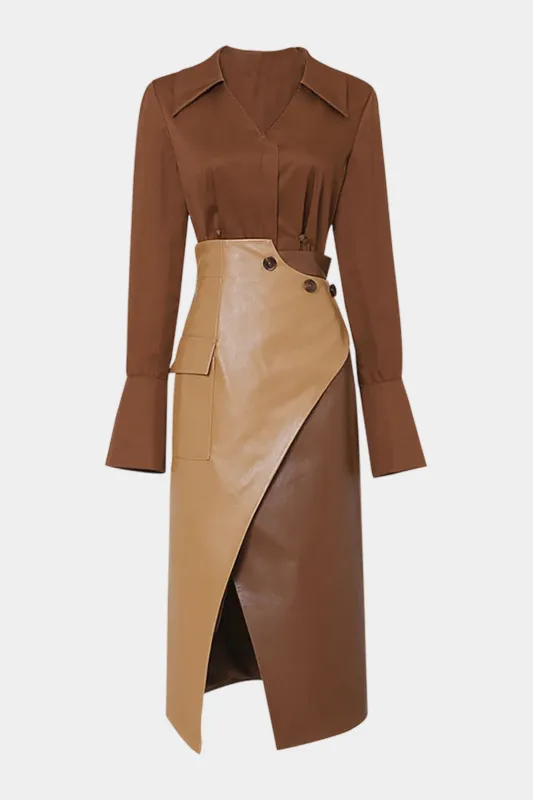 V-Neck Ruched Long-Sleeve Top And Faux Leather Patchwork High Waist Asymmetrical Skirt Set sold by Micas