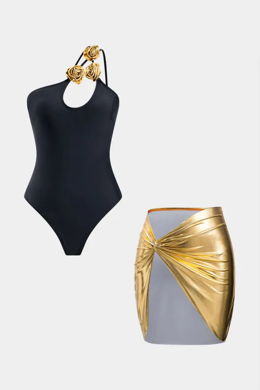 3D Flower Asymmetrical Swimsuit And Twist Knot Skirt Bikini Set sold by Micas