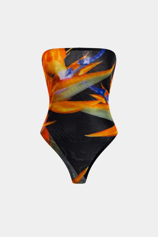 Abstract Print Mesh Strapless Bodysuit sold by Micas