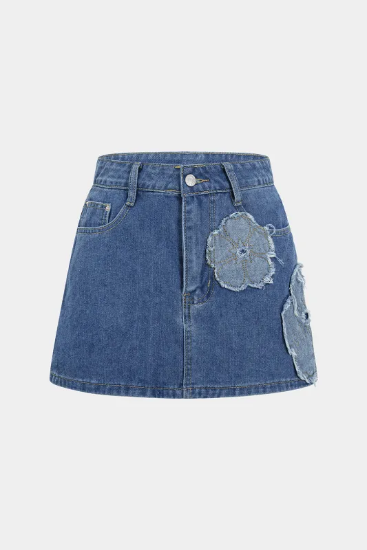 Denim Flower Applique Button Mini Skirt sold by Micas