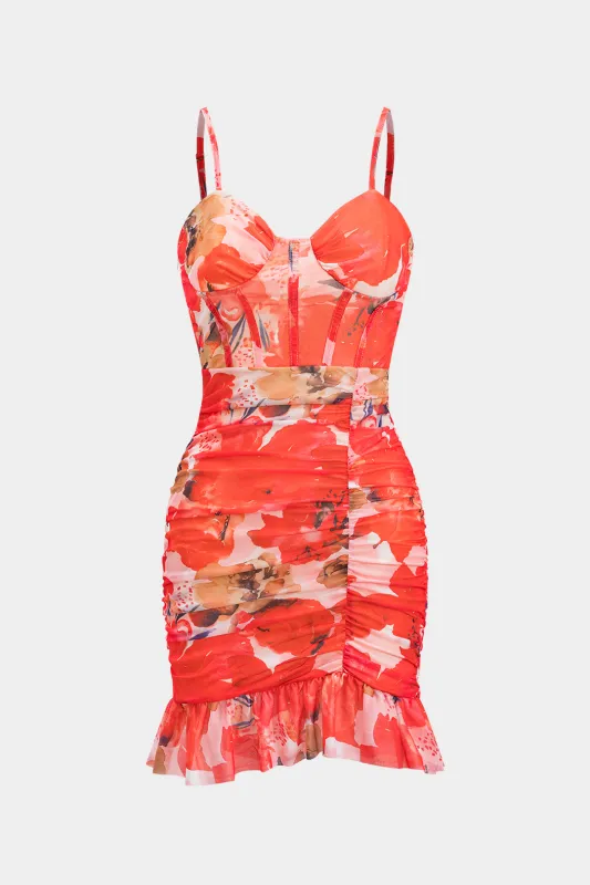 Watercolor Floral Print Mesh Ruffle Hem Slip Sleeveless Mini Dress sold by Micas