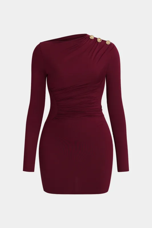 Plus Size Metallic Decor Asymmetrical Ruched Long Sleeve Mini Dress made by Micas