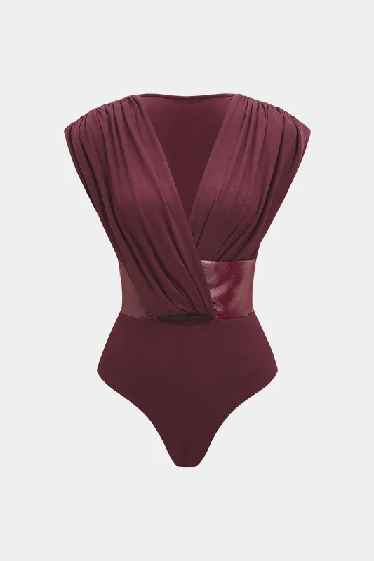 Faux Leather Patchwork V-Neck Hollow Out Sleeveless Bodysuit sold by Micas