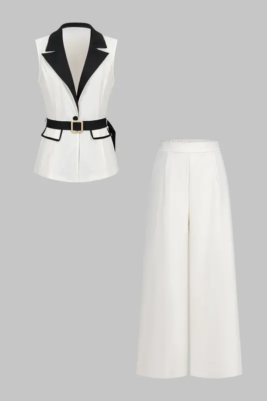 Notched Lapel Belted Vest And Straight Leg Pants Set sold by Micas