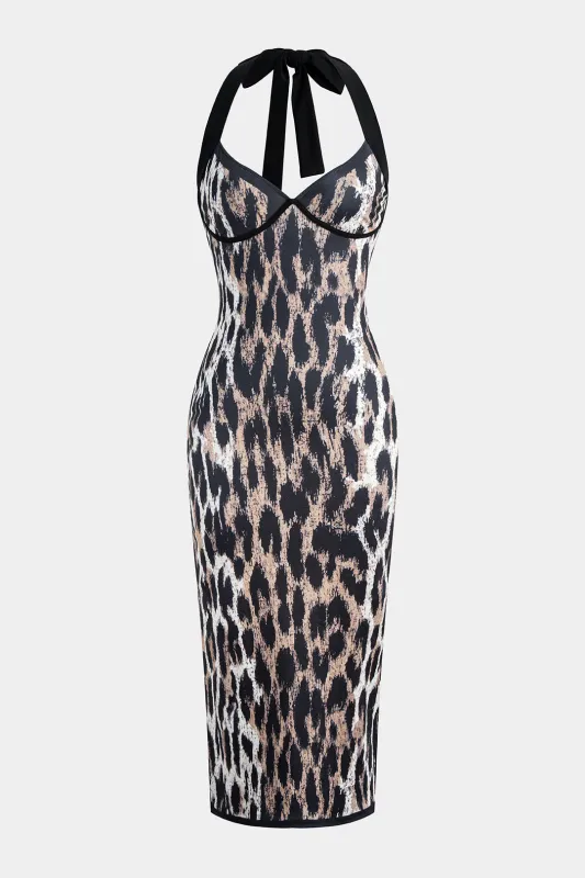 Leopard Print Halter Neck Tie-Back Sleeveless Midi Dress made by Micas