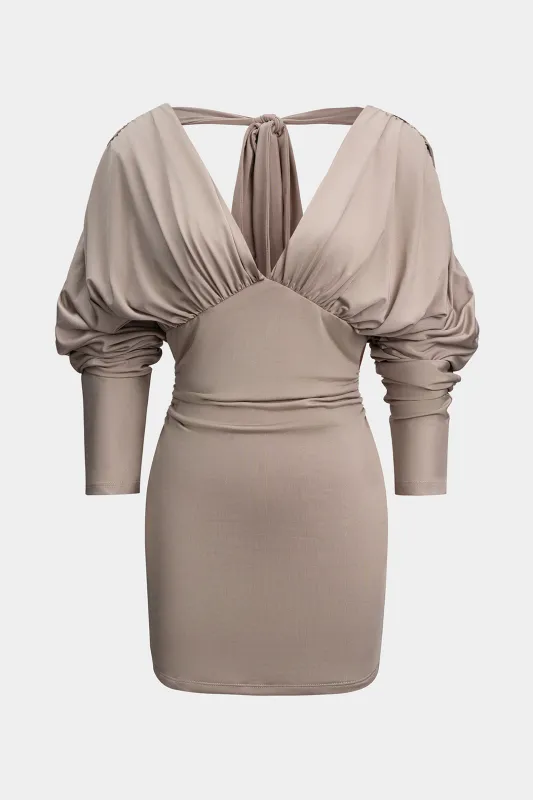 Tie-Up V-Neck Ruched Long Sleeve Mini Dress sold by Micas