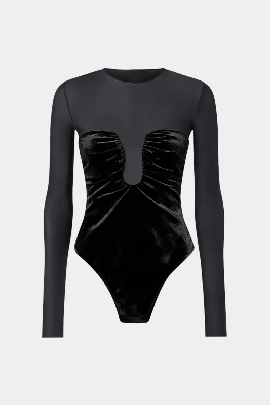 Velvet Patchwork Ruched Round Neck Long Sleeve Bodysuit sold by Micas