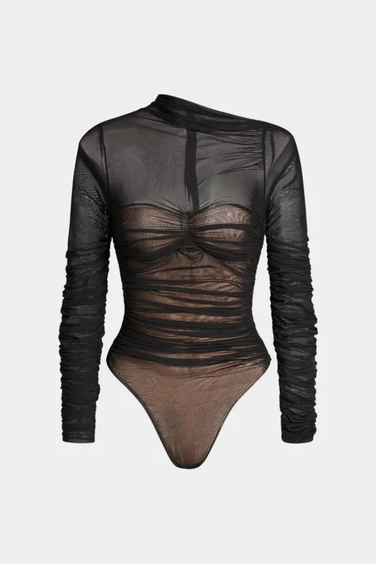 Ruched Mesh Sheer Asymmetrical Long Sleeve Bodysuit sold by Micas