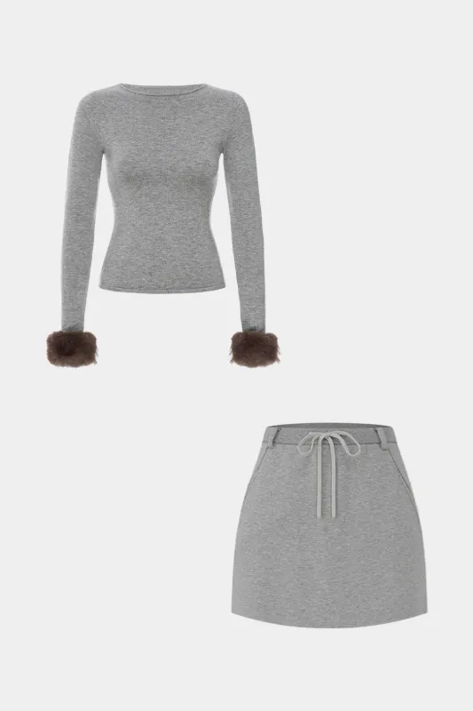 Faux Fur Patchwork Long-Sleeve Top And Drawstring Waist Skirt Set sold by Micas