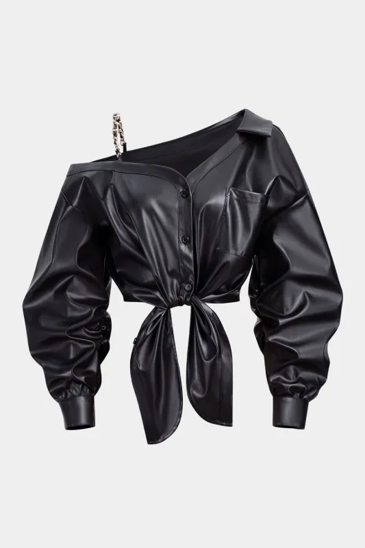 Faux Leather Asymmetrical Neck Tie-Front Jacket sold by Micas