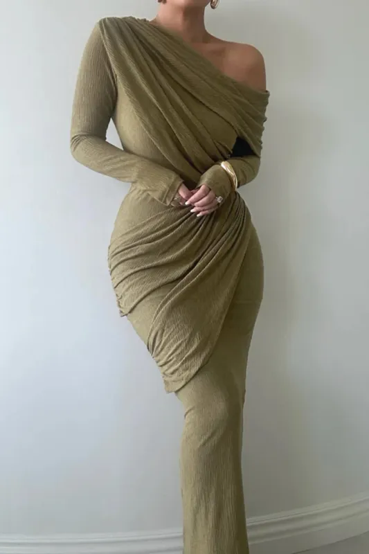 One Shoulder Ruched Long-Sleeve Top And Skirt Set sold by Micas