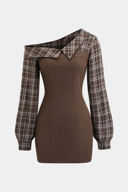 Plaid Print One Shoulder Patchwork Asymmetrical Long Sleeve Mini Dress sold by Micas