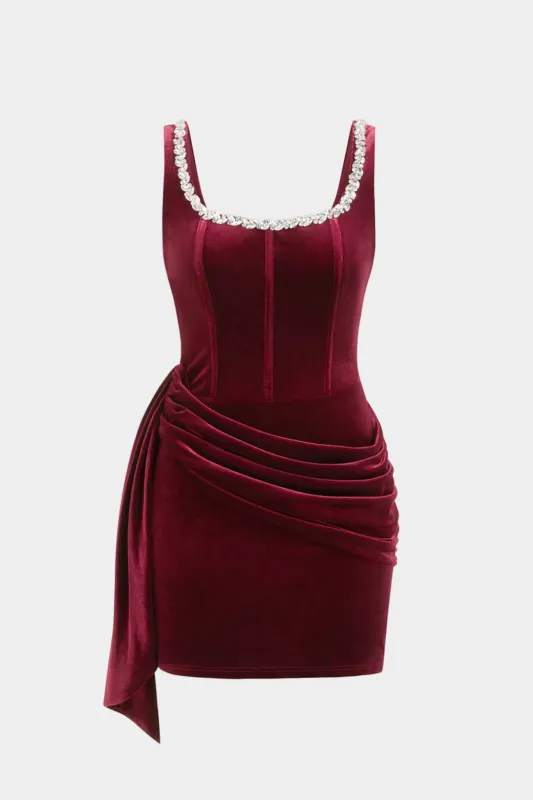 Plus Size Velvet Rhinestone Trim Square Neck Sleeveless Mini Dress sold by Micas