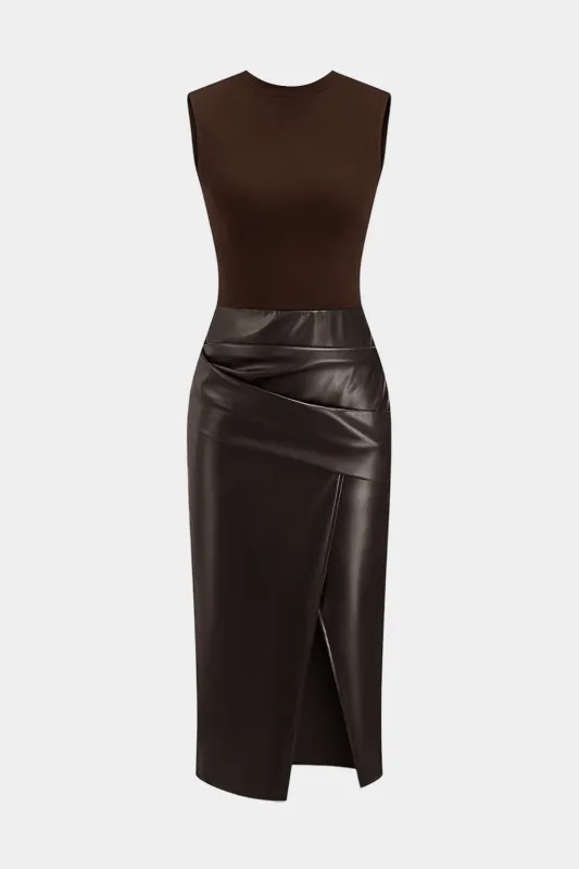 Faux Leather Patchwork Ruched Sleeveless Midi Dress sold by Micas