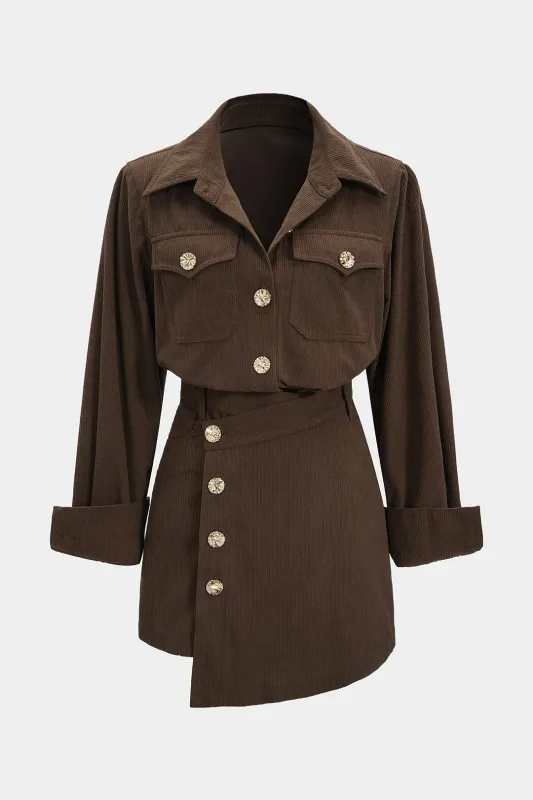 Corduroy Button Long-Sleeve Shirt And Button Skirt Set made by Micas