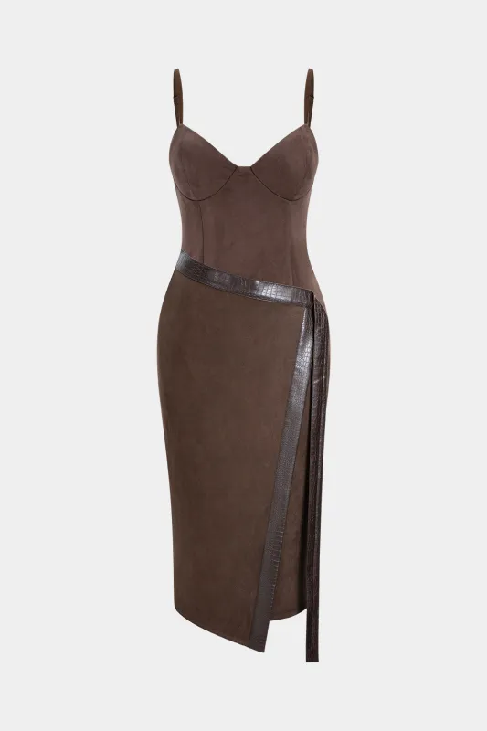 Faux Leather Patchwork Asymmetrical Sleeveless Maxi Dress sold by Micas