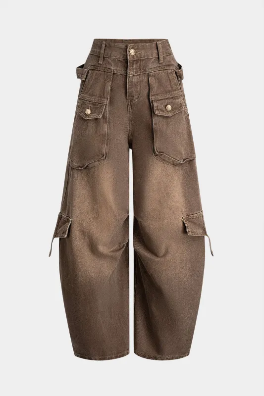 Denim Button Pocket High Waist Cargo Pants sold by Micas