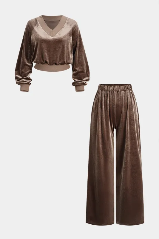 Velvet Patchwork V-Neck Long Sleeve Top And Shirred Waistband Wide-Leg Pants Set sold by Micas