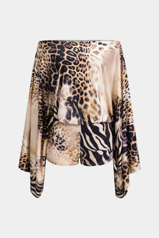 Leopard Print One-Shoulder Flared Long Sleeve Romper sold by Micas