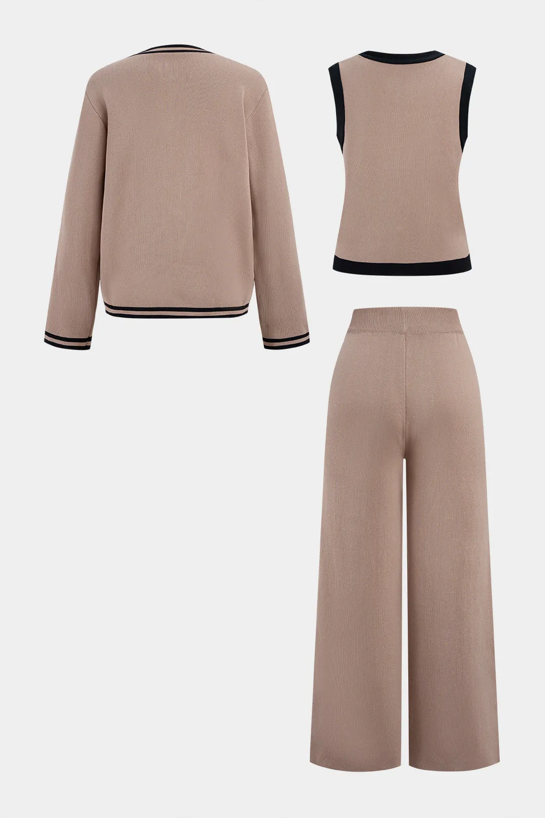 Knit Contrast Binding Button Cardigan And Tank Top And Solid Wide Leg Pants Set sold by Micas product image thumbnail 2