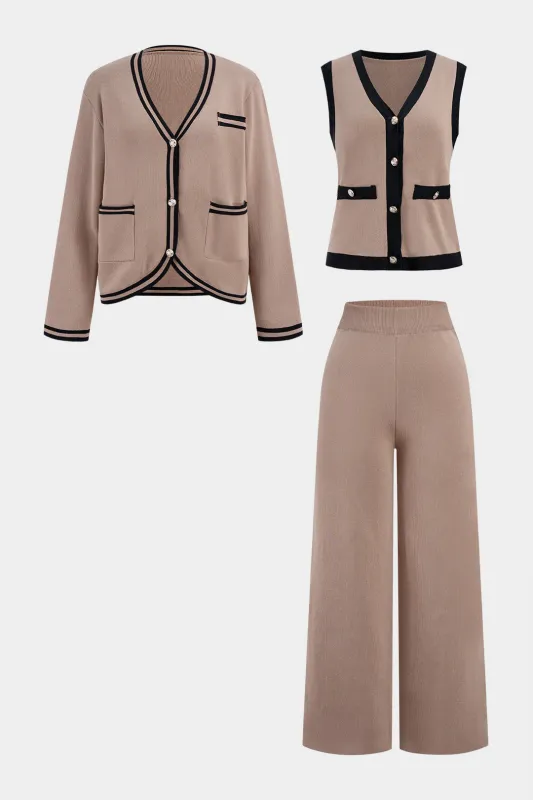 Knit Contrast Binding Button Cardigan And Tank Top And Solid Wide Leg Pants Set sold by Micas