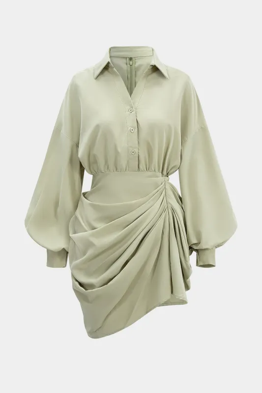 Satin Button Asymmetrical Ruched High Waist Long Sleeve Mini Dress made by Micas