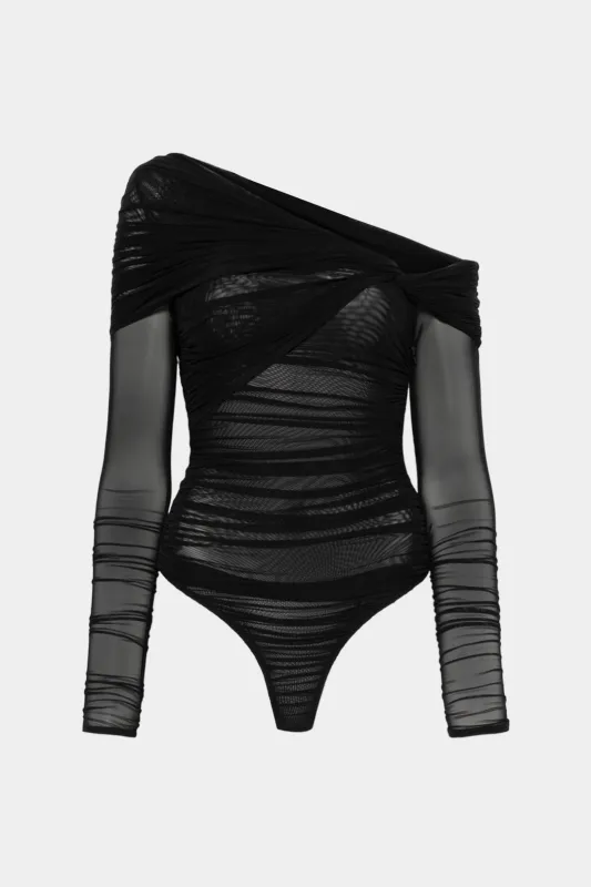 Ruched Mesh One Shoulder Asymmetrical Long Sleeve Bodysuit sold by Micas