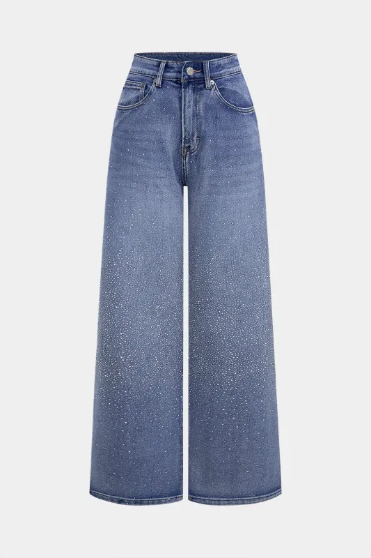 Denim Rhinestone Decor Straight Leg Jeans sold by Micas