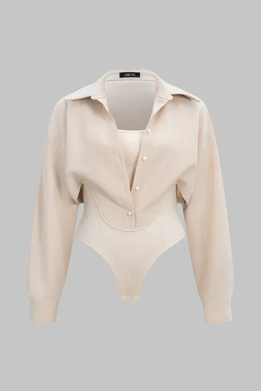 Plus Size Patchwork Button Long Sleeve Bodysuit sold by Micas