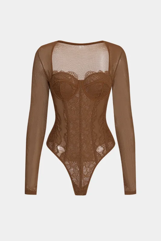 Lace Trim Underwire Long Sleeve Bodysuit sold by Micas