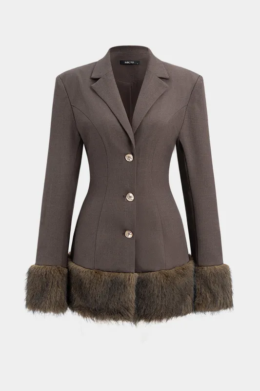 Faux Fur Patchwork Notched Lapel Metallic Button Blazer sold by Micas