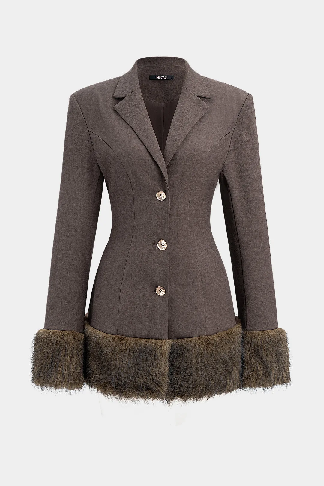 Faux Fur Patchwork Notched Lapel Metallic Button Blazer sold by Micas