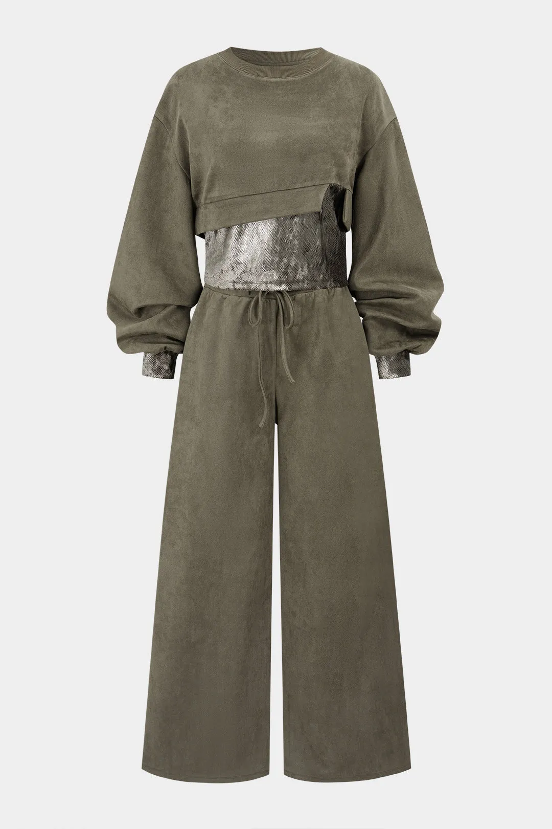 Snake Skin Print Suede Asymmetrical Sweatshirt And Drawstring Wide Leg Pants Set sold by Micas
