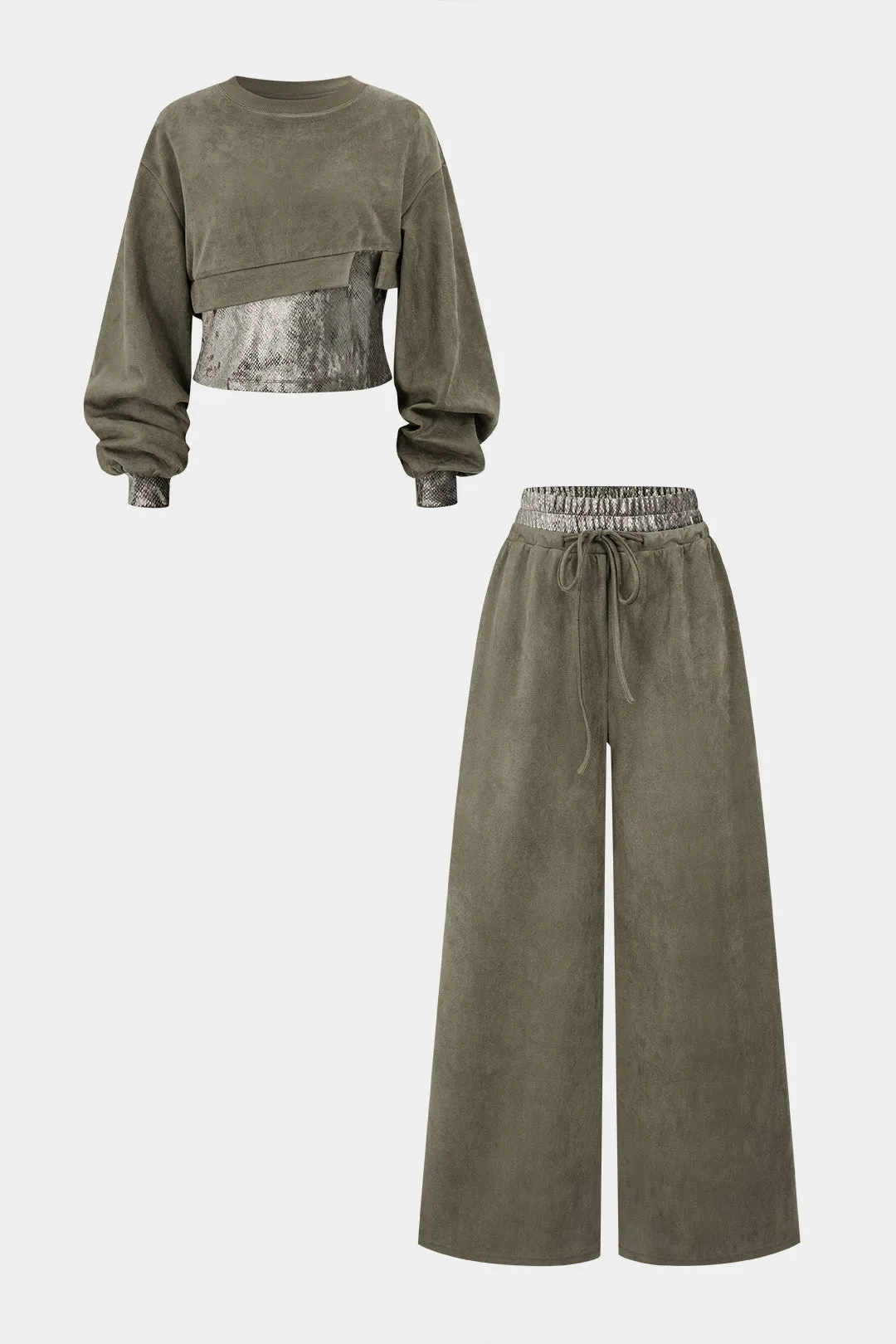 Snake Skin Print Suede Asymmetrical Sweatshirt And Drawstring Wide Leg Pants Set sold by Micas product image thumbnail 2