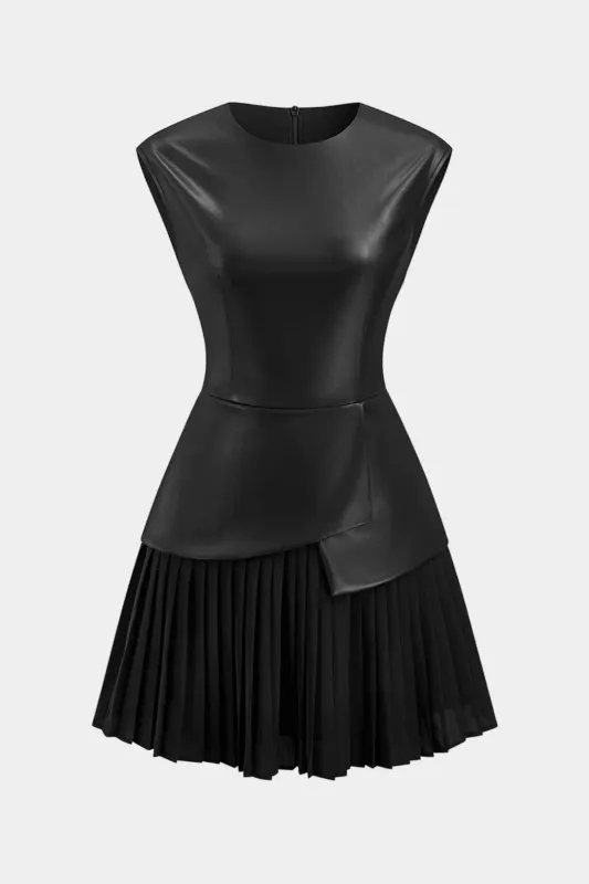 Faux Leather Patchwork Pleated Short Sleeve Mini Dress sold by Micas
