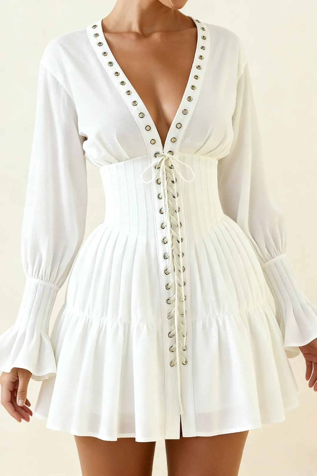 Chiffon V-Neck Lace-Up Corset Long Sleeve Mini Dress sold by Micas product image thumbnail 3