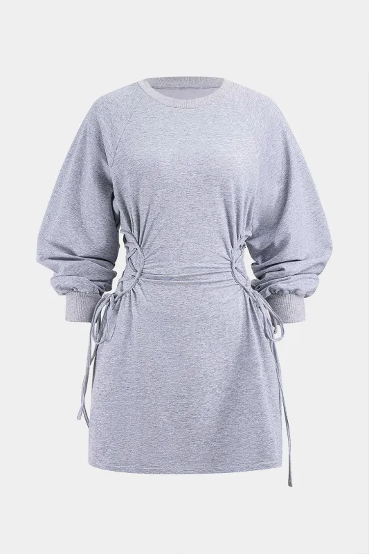 Drawstring Ribbed Cuffs Round Neck Long Sleeve Mini Dress sold by Micas