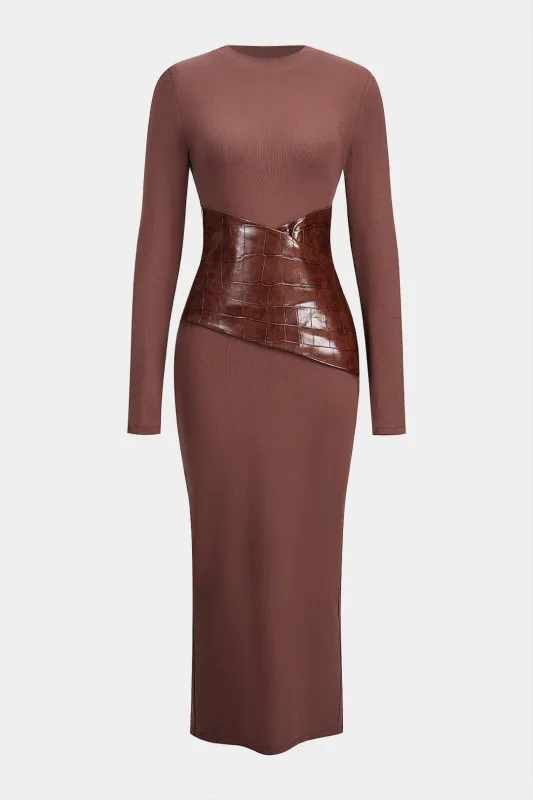 Faux Leather Round Neck Patchwork Long Sleeve Maxi Dress sold by Micas