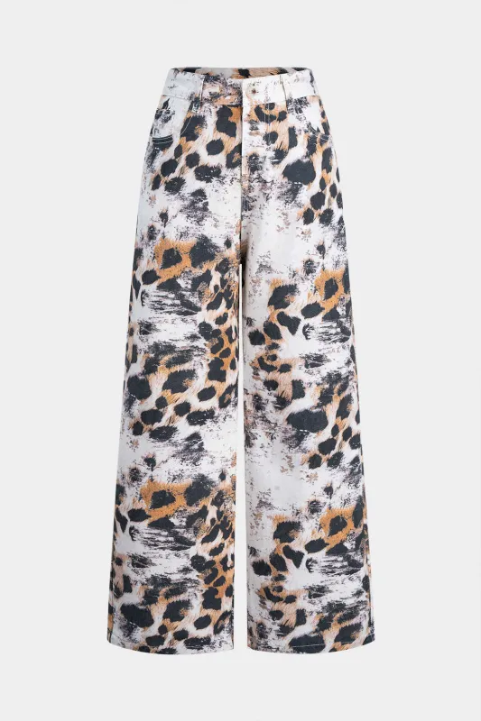 Leopard Print Button Pocket Wide Leg Pants sold by Micas