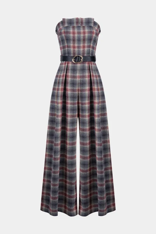 Plaid Print Strapless Belted Sleeveless Jumpsuit sold by Micas