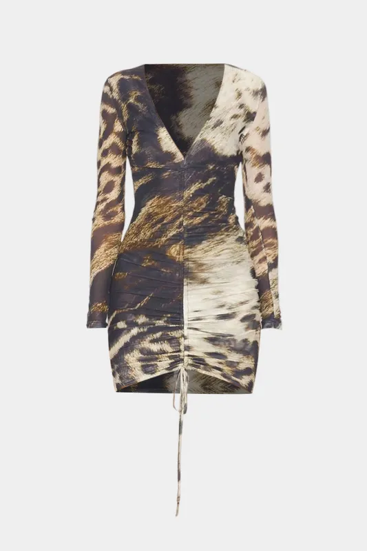 Leopard Print Ruched Drawstring Long Sleeve Mini Dress made by Micas