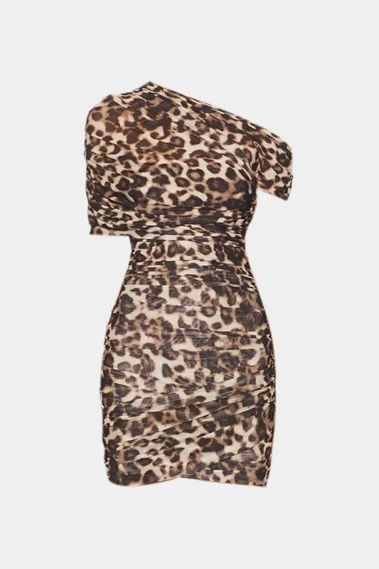 Leopard Print Mesh Ruched Short Sleeve Mini Dress sold by Micas